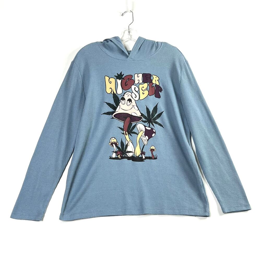 4th Dimension Long Sleeve Higher Self Mushrooms Waffle Knit Hoodie Pullover Blue